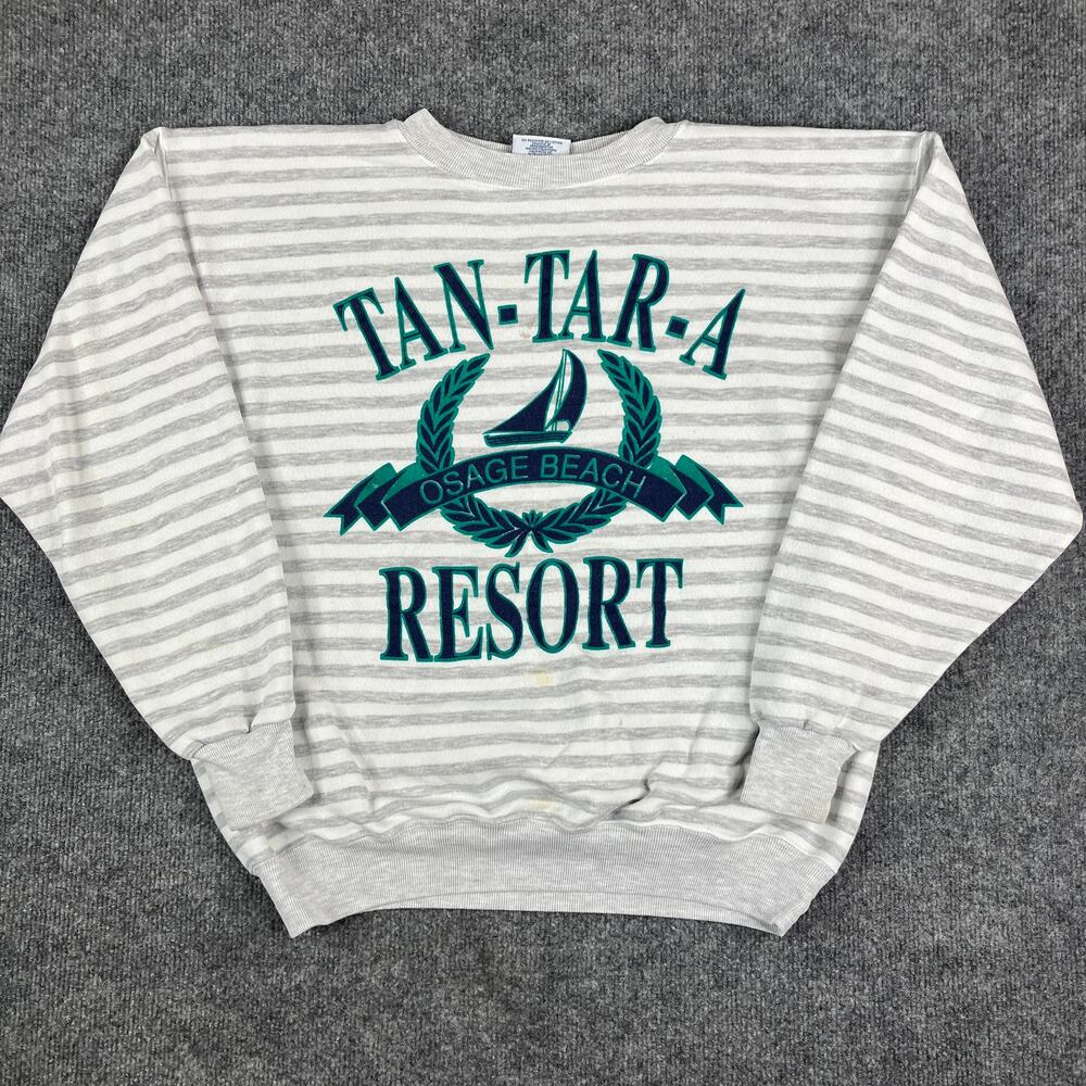 Velva Sheen Sweatshirt Mens XL Gray Striped Tan-Tar-A Resort Graphic Vintage